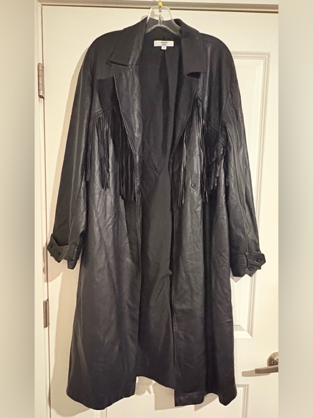 JASON WU Faux Leather Fringe Detail Trench Black Leather Coat size XL